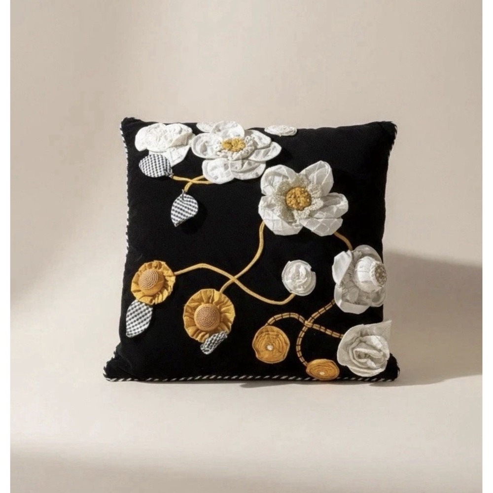 Mackenzie Childs Gardenia Square  Black Velvet Pillow, Raised Appliqué, 17 x 17